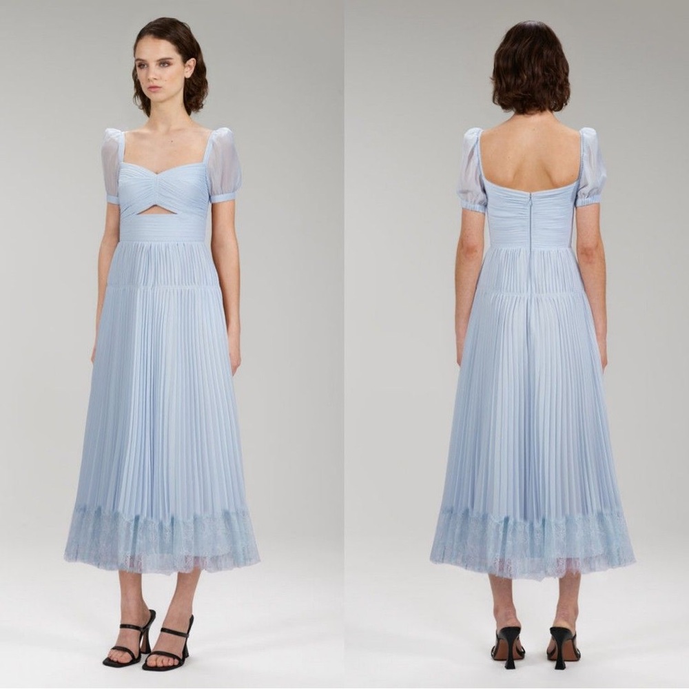 Self-Portrait Sky Blue Pleated Midi Dress
